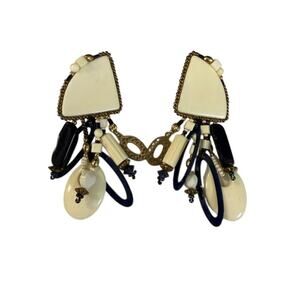 Chipita Signed Navy Blue & Cream Beaded Statement Dangle Earrings Clip On